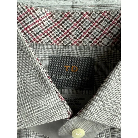 Thomas Dean Mens Pima Cotton Gray Plaid Flip Cuffs Casual Shirt L - Picture 3 of 8